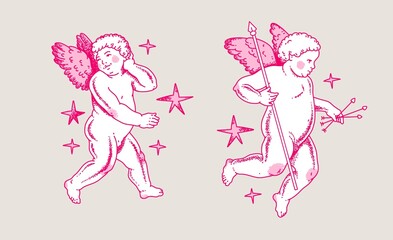 Cherub outlines and line art for Valentine's Day. Symbol of love and romantic. Antique Angel Baby Cupid illustration for printing on cards, invitations, tattoo, clothing art