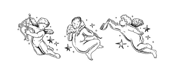 Cherub outlines and line art for Valentine's Day. Symbol of love and romantic. Antique Angel Baby Cupid illustration for printing on cards, invitations, tattoo, clothing art