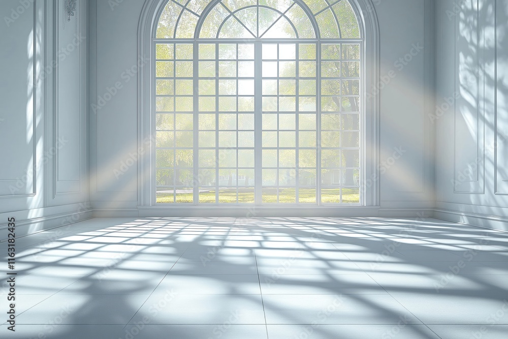 Poster sunlight streams into spacious white room through large arched window. shadows of window panes creat
