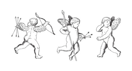 Cherub outlines and line art for Valentine's Day. Symbol of love and romantic. Antique Angel Baby Cupid illustration for printing on cards, invitations, tattoo, clothing art