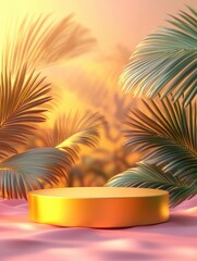 A vibrant scene featuring a golden podium surrounded by lush palm leaves.