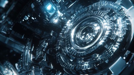 Futuristic metallic machine gears and circuits.