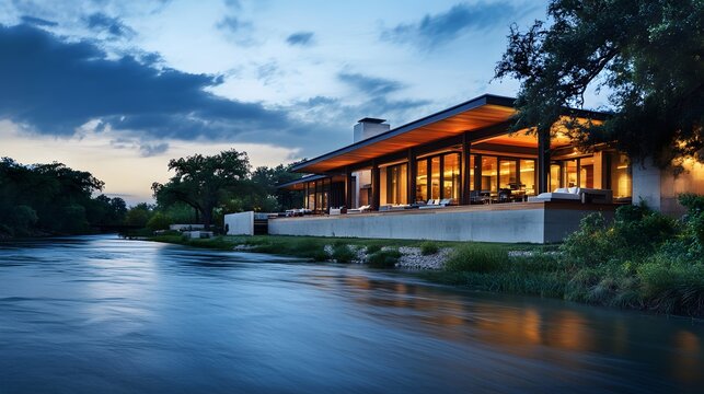 Modern Riverfront Home Illuminated At Dusk