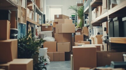 A disorganized storage room with toppled boxes and random objects everywhere 