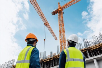 Construction workers supervise tower crane operation at building site under clear sky. Workers wear safety equipment. Big crane lifting materials. Modern infrastructure project. Teamwork, safety