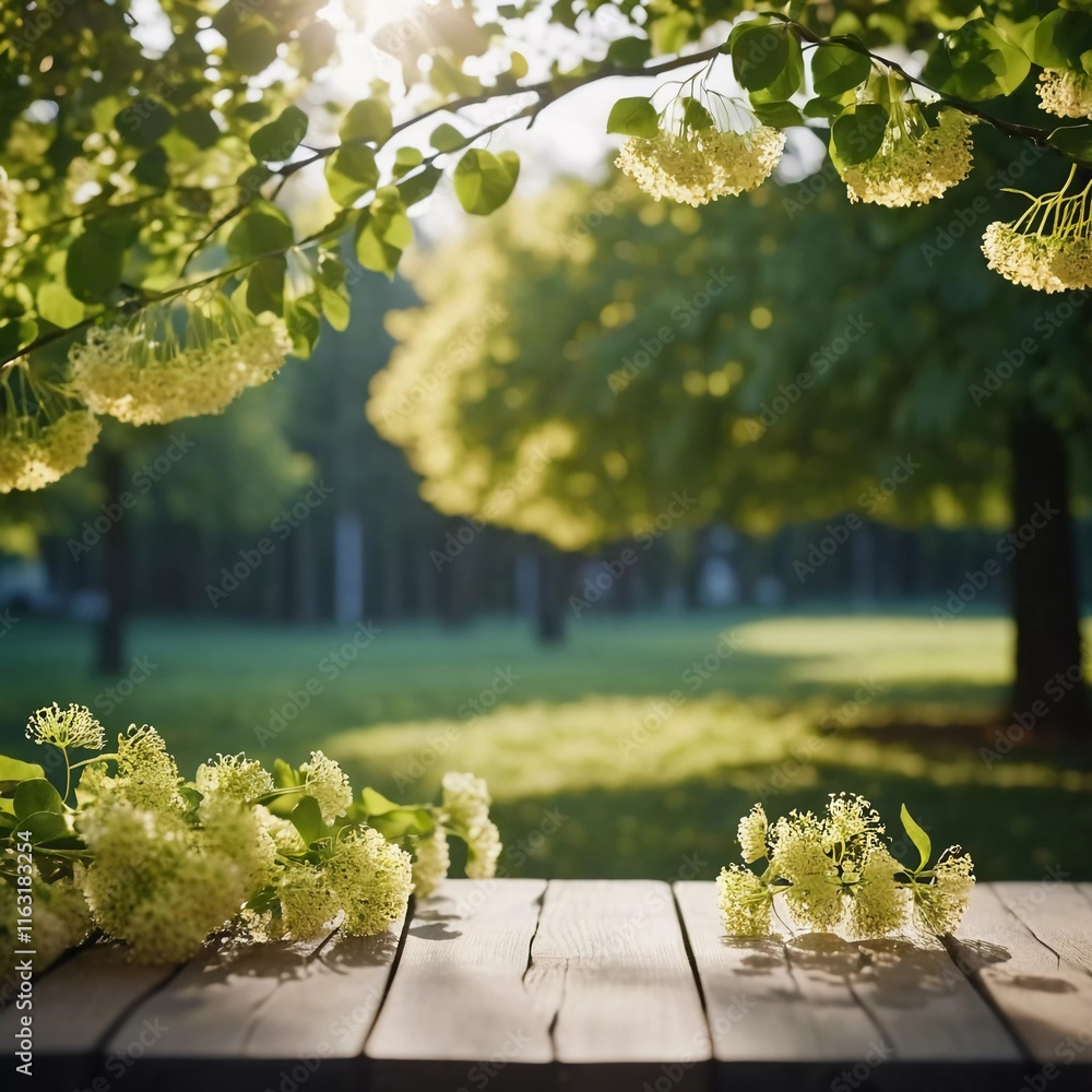 Poster sunlight streams through branches of trees in park, illuminating path lined with lush greenery and b