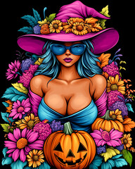 A woman with a purple hat and sunglasses is surrounded by flowers and a pumpkin. The image has a whimsical and playful mood, with the pumpkin and flowers adding a touch of Halloween to the scene