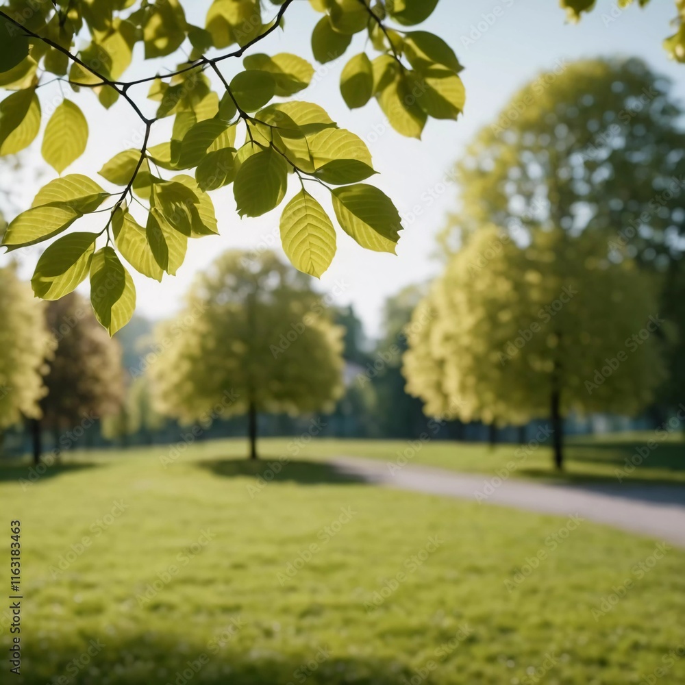 Poster sunlight streams through branches of trees in park, illuminating path lined with lush greenery and b