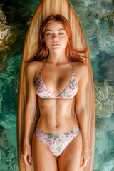 Obraz premium A woman is laying on a surfboard in the ocean. She is wearing a bikini and has a very toned body. Concept of relaxation and leisure, as the woman is enjoying her time in the water