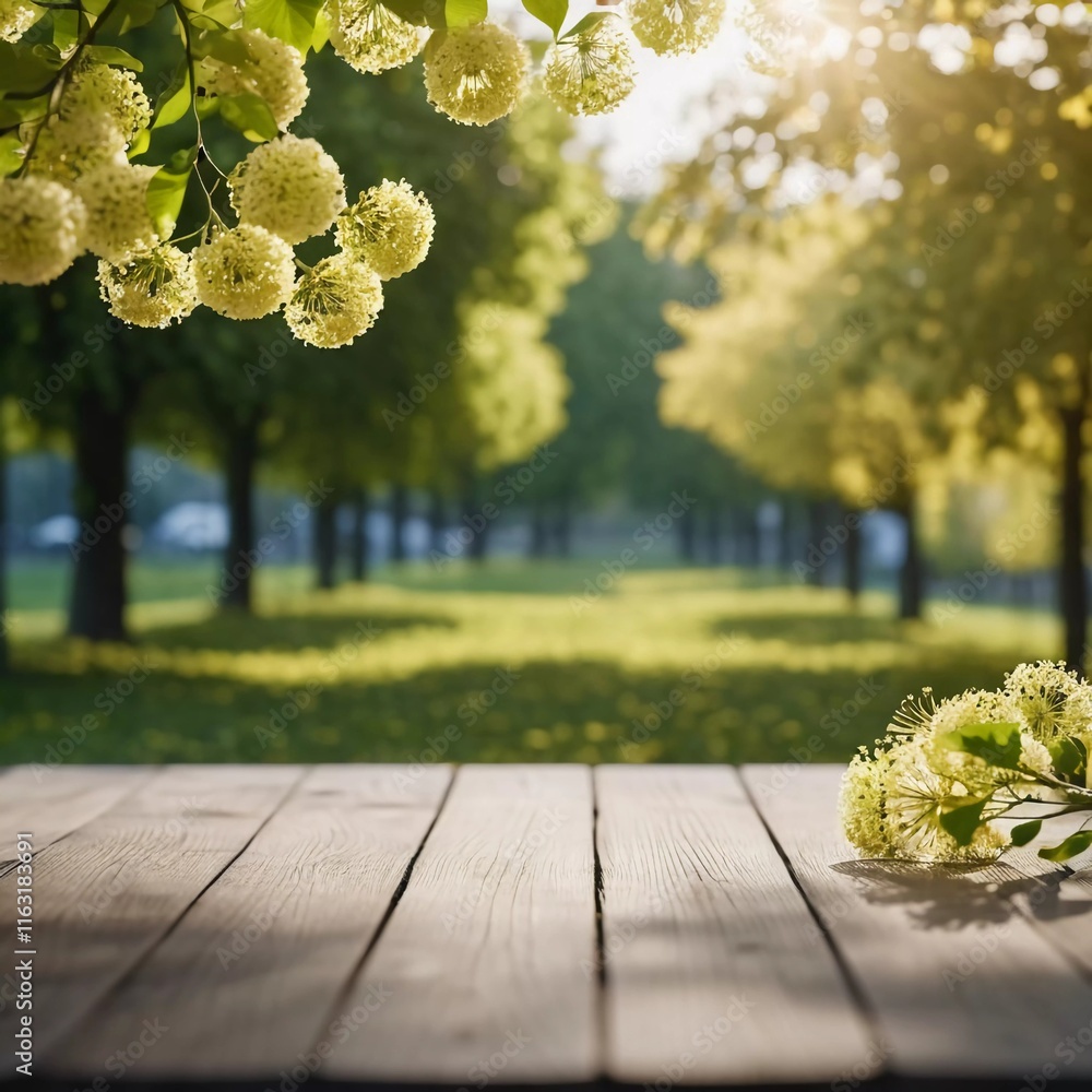 Poster sunlight streams through branches of trees in park, illuminating path lined with lush greenery and b