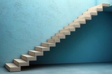 Fototapeta premium Modern stairway leads upward against light blue wall. Abstract concept for career growth, success. Minimalist design represents progress. Empty stairway suggests opportunity, ambition. Interior image