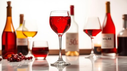 A clear glass filled with red wine sitting next to a bottle of wine on a clean white background, glass, alcohol