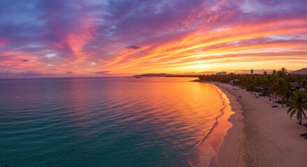 Fototapeta premium Breathtaking tropical sunset over serene beach with vibrant sky