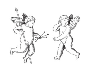 Cherub outlines and line art for Valentine's Day. Symbol of love and romantic. Antique Angel Baby Cupid Vector  illustration for printing on cards, invitations, tattoo, clothing art