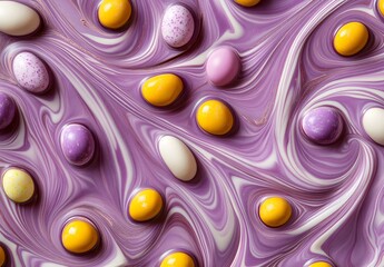 A close-up of chocolate bark with swirled patterns and colorful candy pieces, displayed on an Easter-themed background. The pattern adds visual interest to the piece while showcasing its sweet 