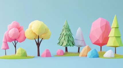 108.Collection of brightly colored, low-poly trees and rocks, arranged with soft lighting that highlights the simple geometric shapes; each element casts clean shadows, ideal for a playful cartoon