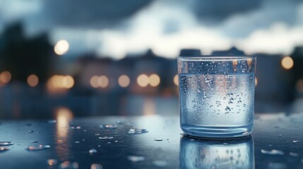 Glass of Sparkling Water on Rainy Night Cityscape Background Stunning View