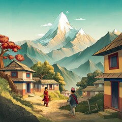 Illustration of Nepali Character With Culture and Traditions, Illustrations of Nepali Daily Life, Festivals, and Scenic Landscapes
