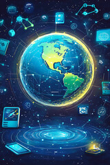 A digital representation of Earth connected by technology and data networks.