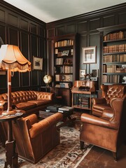 Elegant Library Interior Leather Furniture, Bookshelves, and Dark Wood Paneling. Generative AI