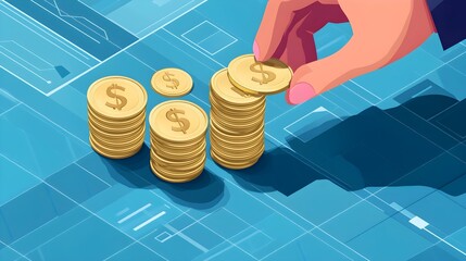 A flat illustration depicting an abstract representation of money and coins being placed on the floor, representing cash flow or financial elements in a business concept vector design. A hand 