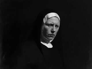 Portrait of serious elderly caucasian female nun in dark setting