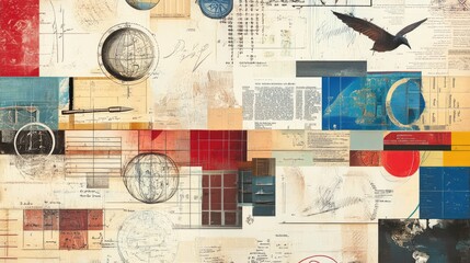 Collage of maps, charts, documents, and drawings.