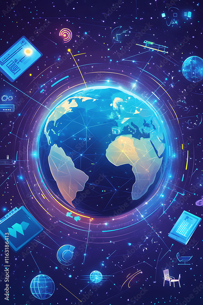 Poster a digital representation of earth surrounded by technology and data elements.