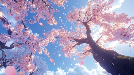 66.3D illustration looking up into a flourishing cherry blossom tree, petals drifting down like soft pink snowflakes against a sunlit blue sky; branches densely packed with blossoms emphasize the