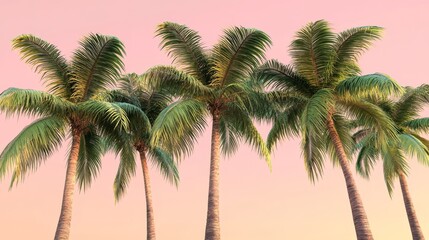 Obraz premium 32.Vivid 3D illustration of lush green palm trees set against a smooth pastel pink background; the palmsâ€™ textured leaves and trunks cast soft shadows, creating a playful yet tropical scene.