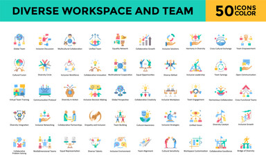 Diverse workspace and team icon set with global team, inclusive discussion, multicultural collaboration, unified team, equality network, collaborative growth icon. Simple flat color vector 
