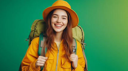Cheerful young woman student backpack travel adventure happy smiling outdoors