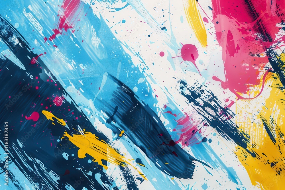 Poster vibrant abstract art showcasing splashes of color on a textured white background in a modern setting