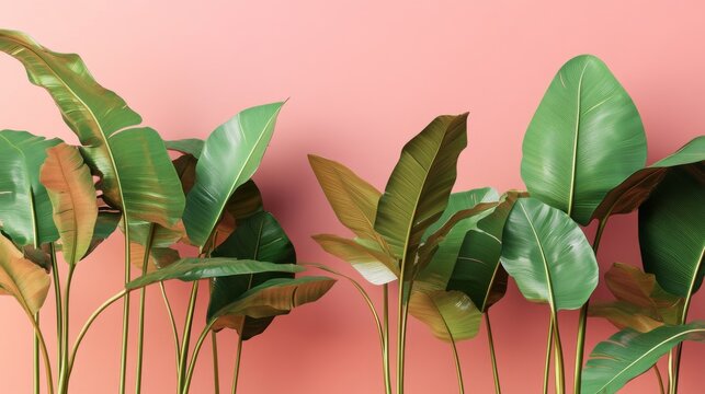 34.Minimalist 3D tropical design with tall palm trees, sharply contrasted against a bubblegum pink background; the glossy green leaves and slender trunks give a surreal, tropical vibe to the