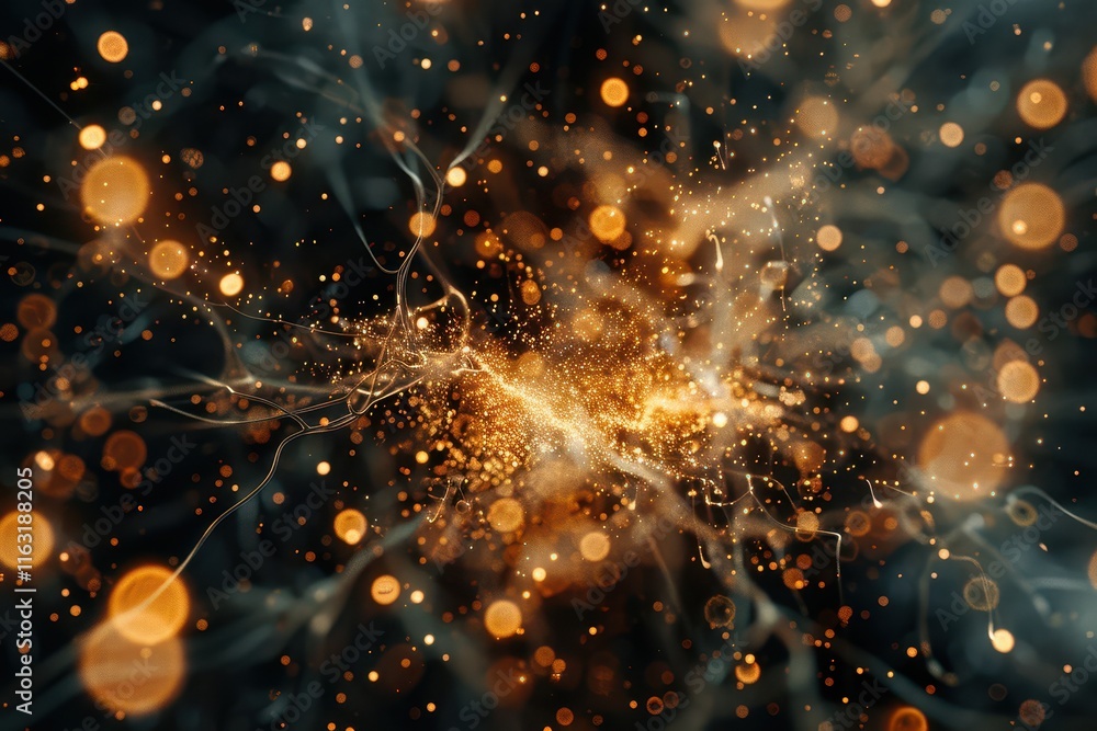 Poster exploration of abstract cosmic energy with glowing particles and vibrant light trails against a dark