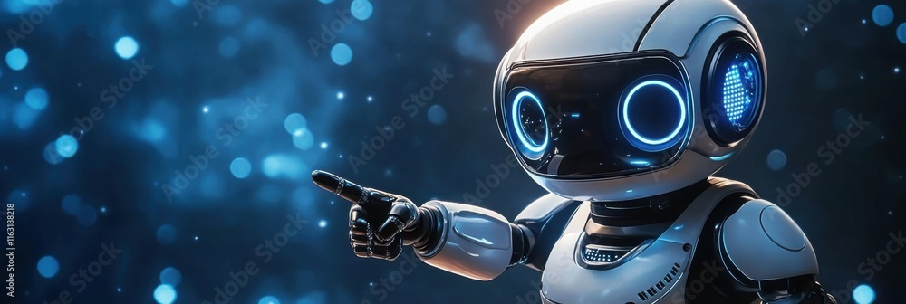 Poster friendly futuristic robot guide pointing towards digital innovation and technological advancement