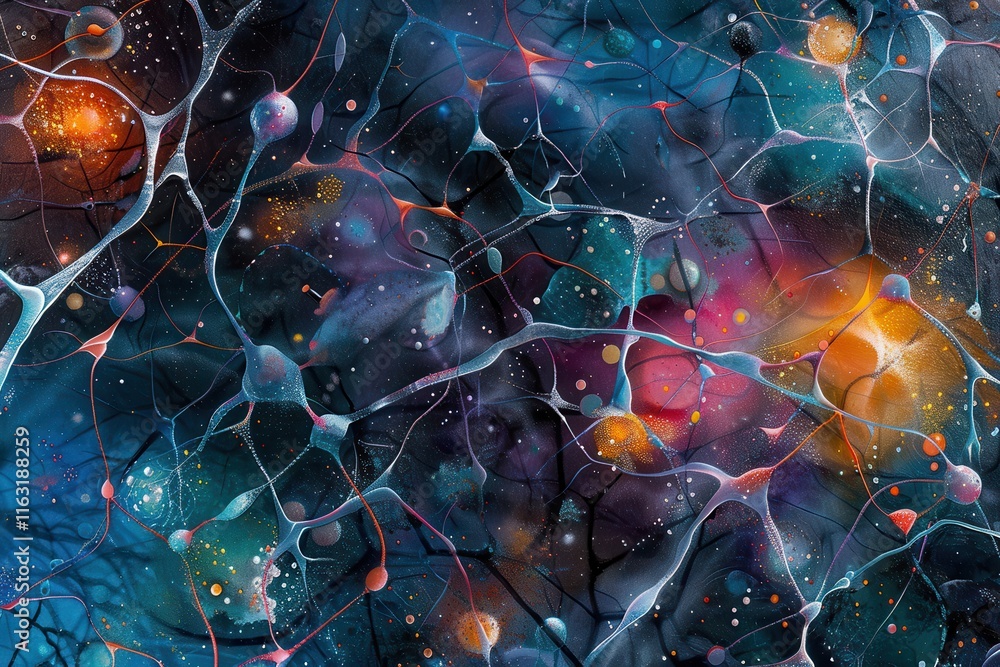 Poster exploration of abstract cosmic energy with glowing particles and vibrant light trails against a dark