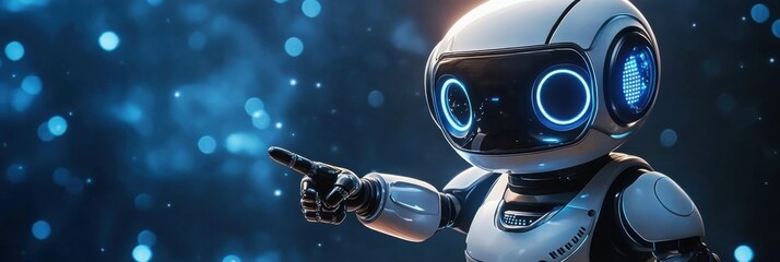 Friendly Futuristic Robot Guide  Pointing Towards Digital Innovation and Technological Advancement