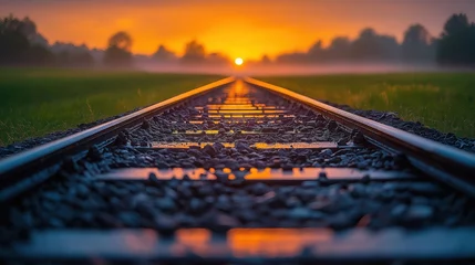 Fototapeten Train tracks lead to sunset. Golden hour illuminates railway infrastructure. Path stretches towards horizon. Natural landscape at evening. Journey concept. Travel destination. Scenic railroad view. © Vadym