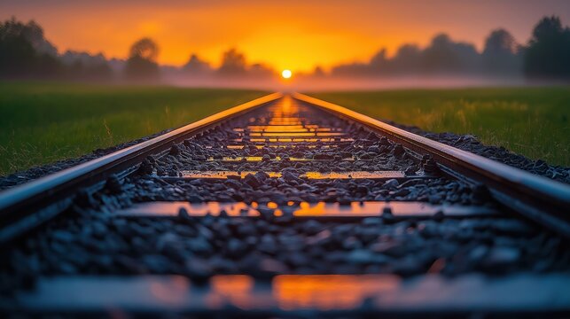 Train tracks lead to sunset. Golden hour illuminates railway infrastructure. Path stretches towards horizon. Natural landscape at evening. Journey concept. Travel destination. Scenic railroad view.