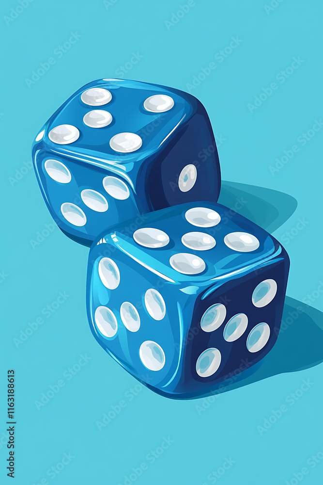 Poster two blue dice showing various numbers on a solid background.