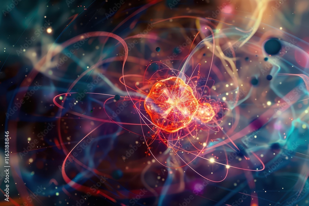 Fototapete vibrant visualization of atomic structure showcasing electrons orbiting around a nucleus with a colo