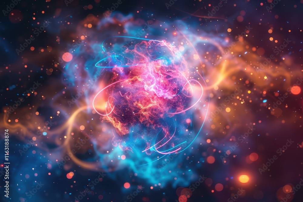 Fototapete vibrant visualization of atomic structure showcasing electrons orbiting around a nucleus with a colo