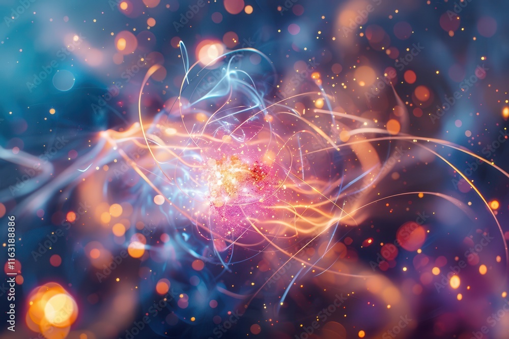 Fototapete vibrant visualization of atomic structure showcasing electrons orbiting around a nucleus with a colo