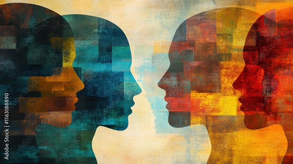 Poster abstract portrait of two faces in dialogue a colorful expression of communication and understanding