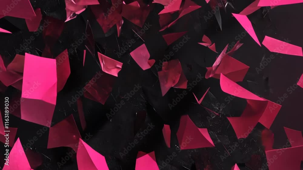 Poster colorful pink fragments float against a dark background, creating an abstract visual effect