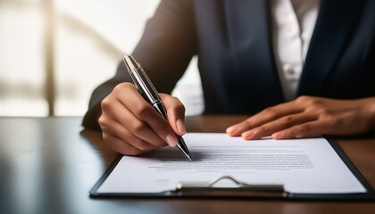A close-up of a businesswoman's hands signing a contract with a ballpoint pen.