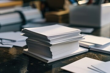 Stack of blank sheets on a rustic wooden table under warm sunlight in a cozy indoor space