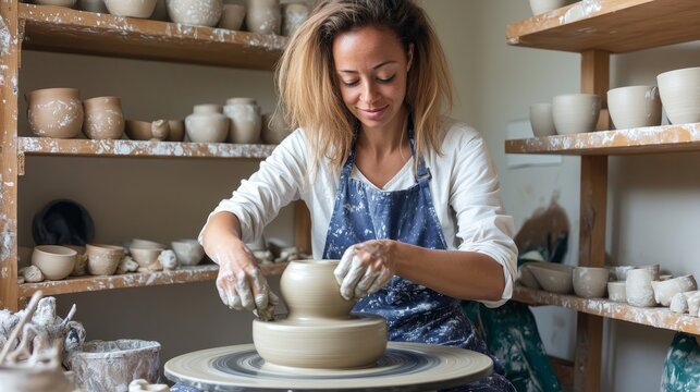 Mentoring Pottery Wheel Techniques: Creative Clay Spinning in Artsy Studio with Vibrant Finished Ceramics Displayed