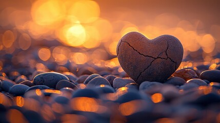 Fototapeta premium A cracked heart-shaped stone rests on a pebble beach at sunset, surrounded by glimmering reflections and soft bokeh, evoking love and serenity.